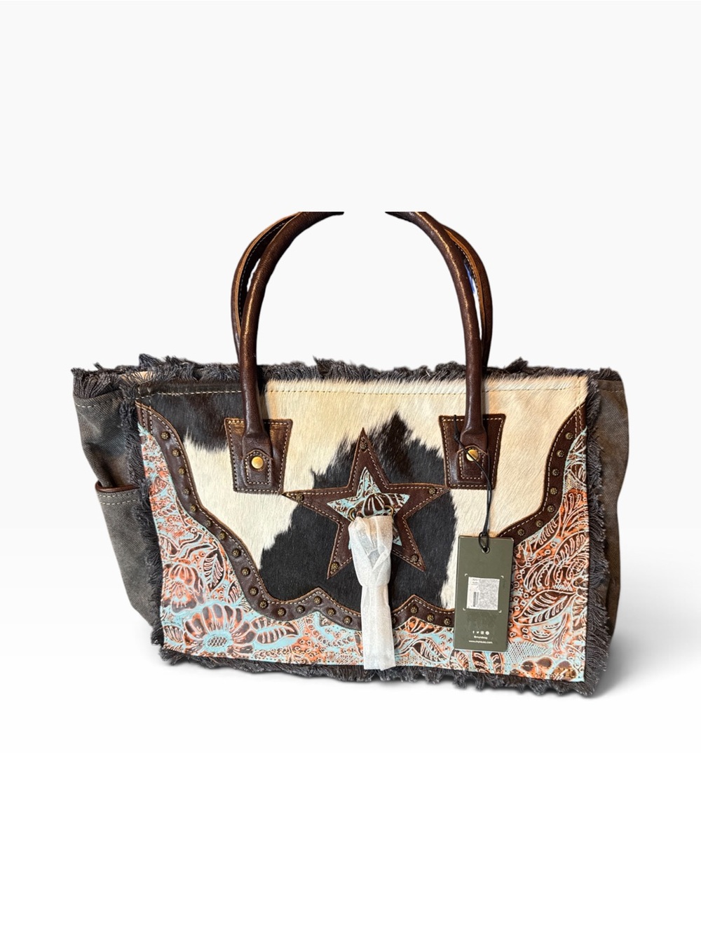 NWT Myra Bag Cowhide & Tooled Leather Star Tote Bag | Western Boho Canvas Bag